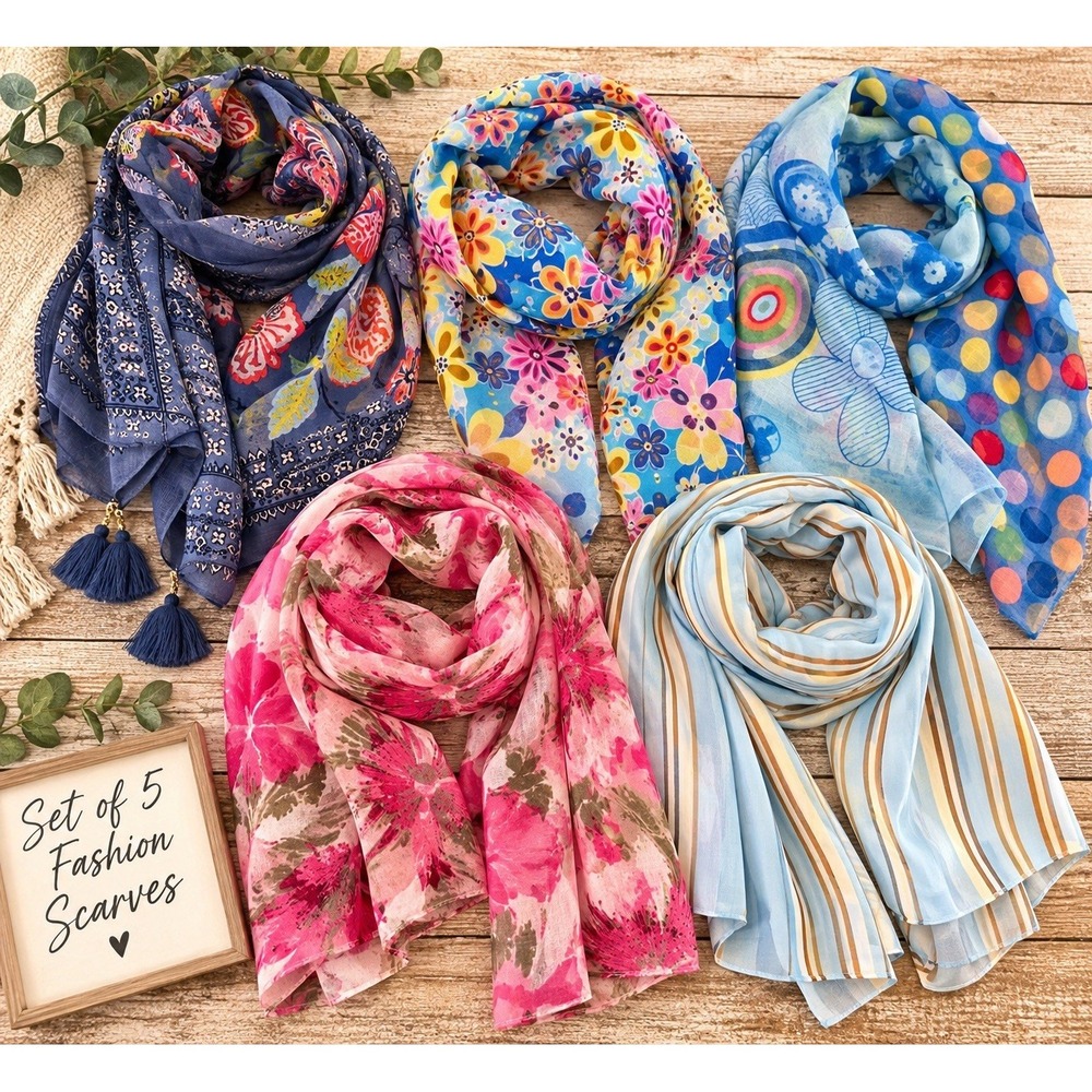 Lot of 5 Women's Fashion Scarves Assorted Floral Striped Lightweight Polyester